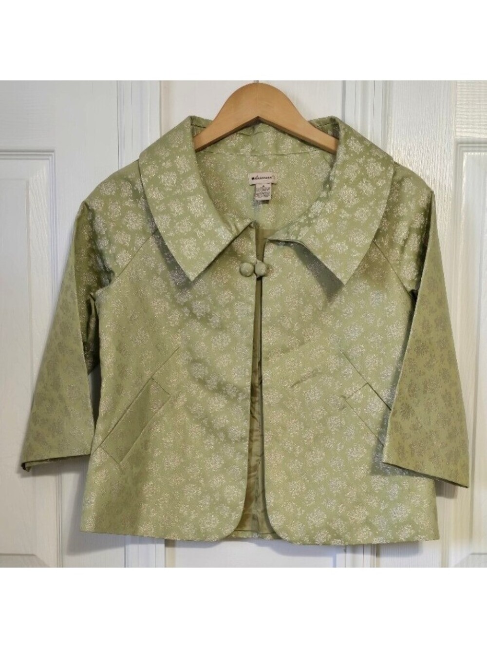 Anthropologie Elevenses Green Floral Brocade Cropped Jacket 3/4 Sleeve Size 4